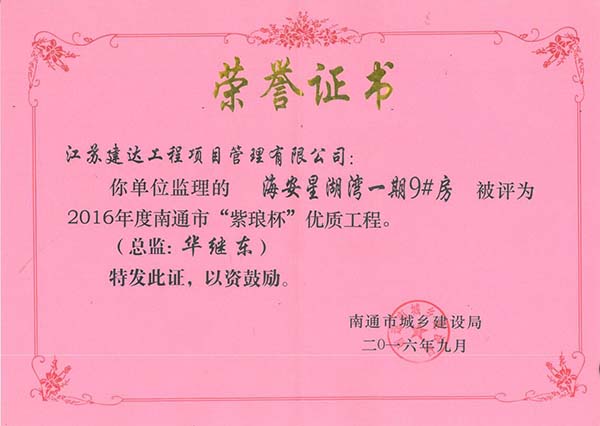 2016星湖湾9#楼“紫琅杯”获奖证书